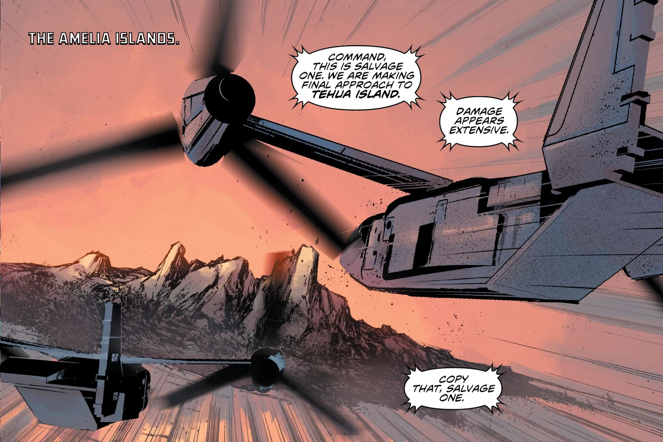 Salvage One's Ospreys make their final approach to Tehua Island in the Amelia Islands in Predator: Hunters II
