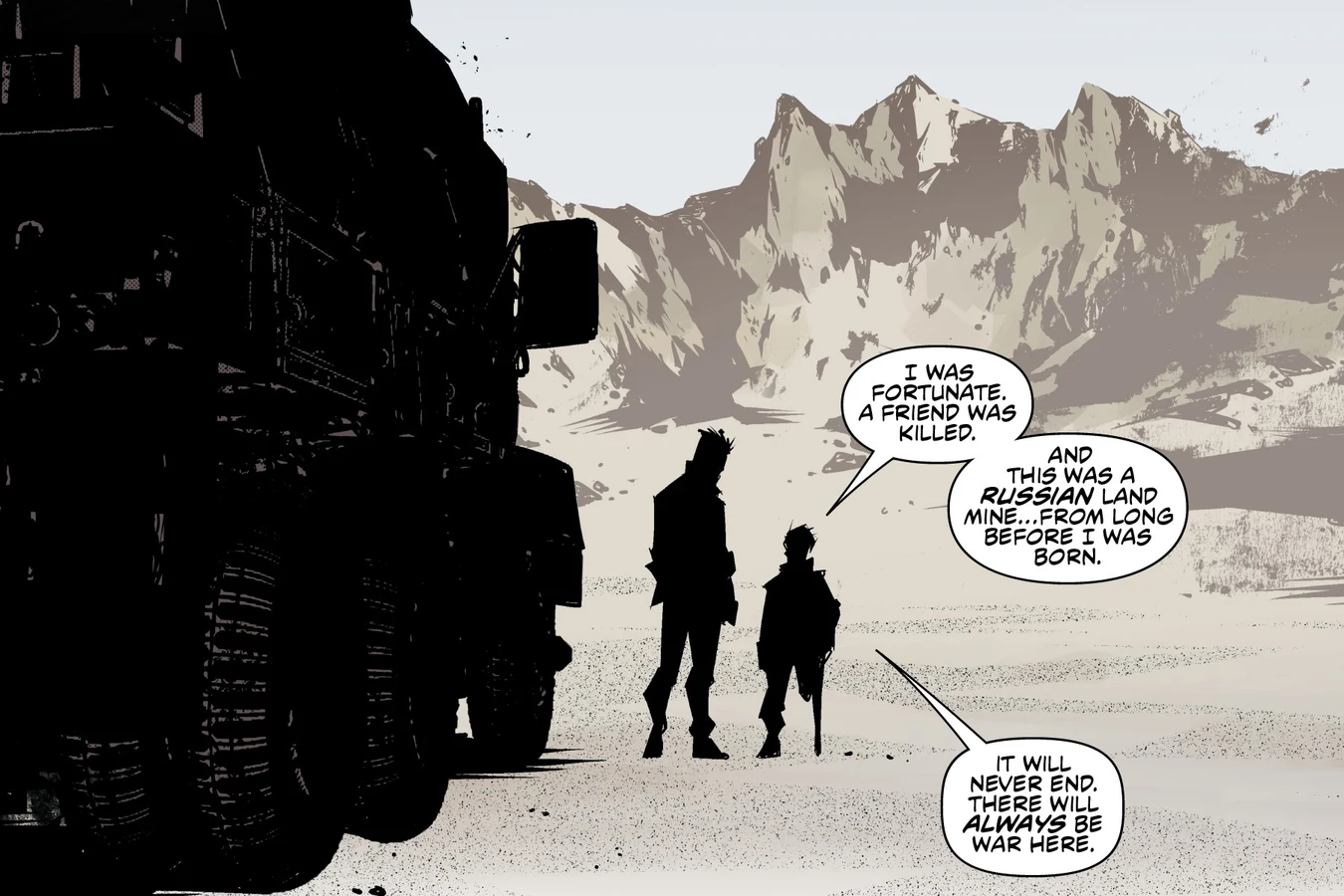 Tyler Swain and Atal stand beside the truck in front of the mountains in Predator: Hunters II