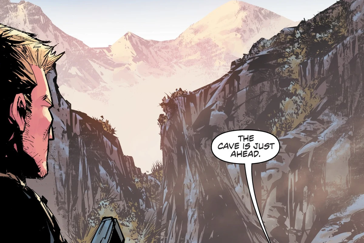Tyler Swain looks out over a mountain canyon as Atal tells him that the cave is just ahead in Predator: Hunters II