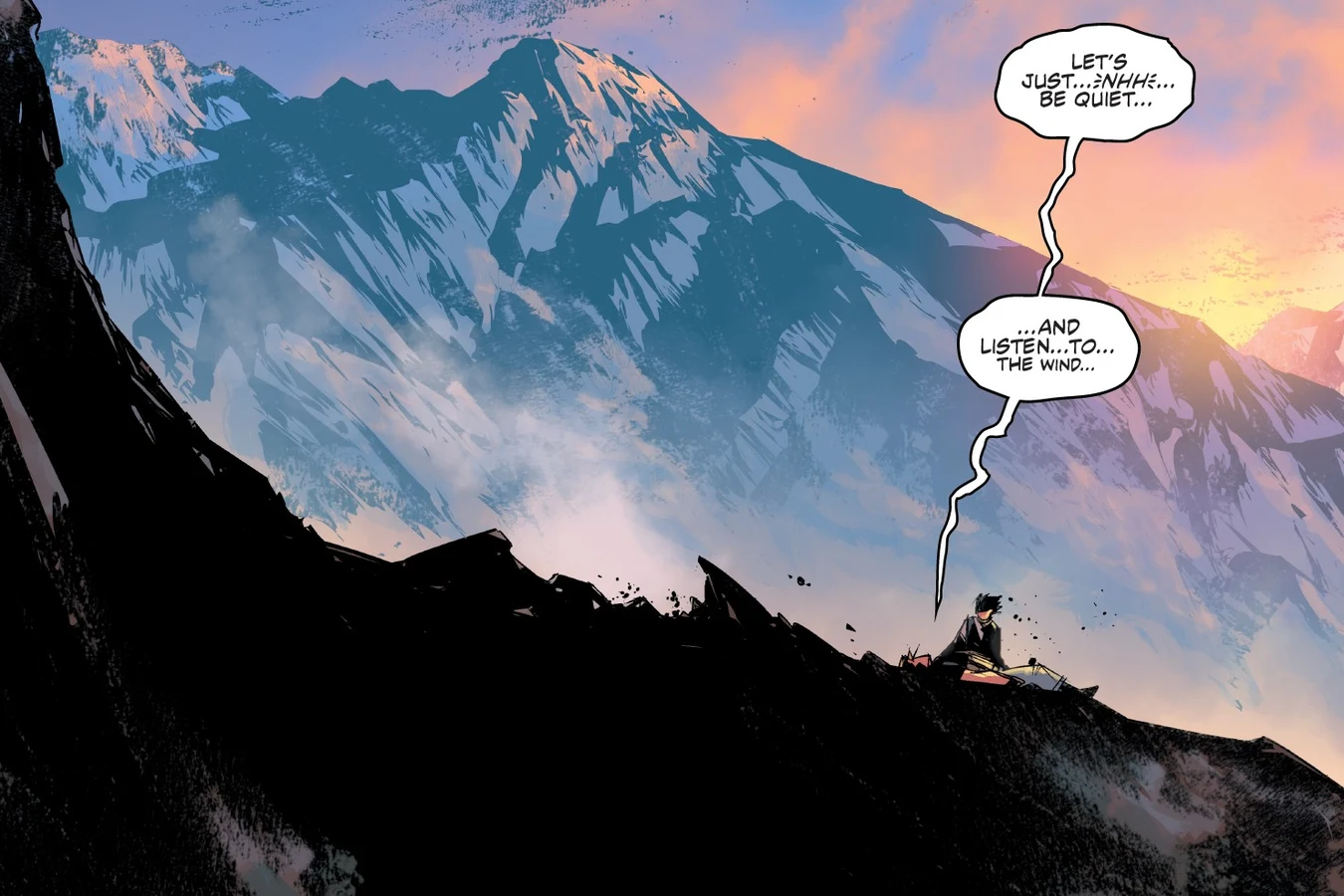 Tyler Swain lies dying on a mountain ledge at sunset in Predator: Hunters II