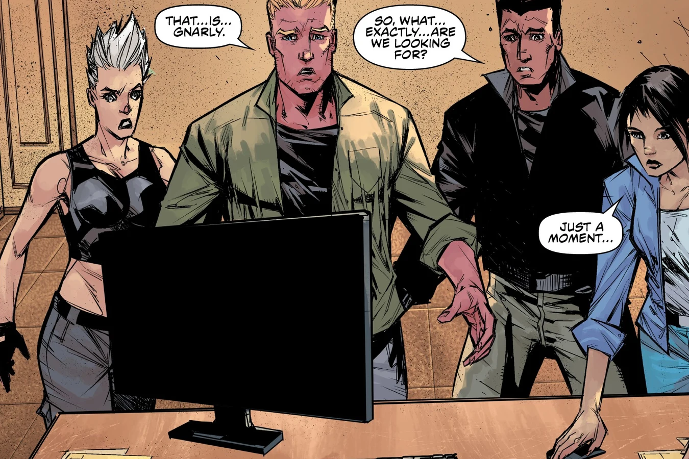 Mandy Graves, Tyler Swain, Enoch Nakai and Jaya Soames watch the Afghanistan video on a monitor in Predator: Hunters II
