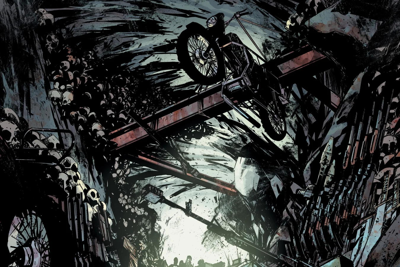 A motorbike and wrecked vehicles hang among skulls in the Predator's trophy cave in Predator: Hunters II