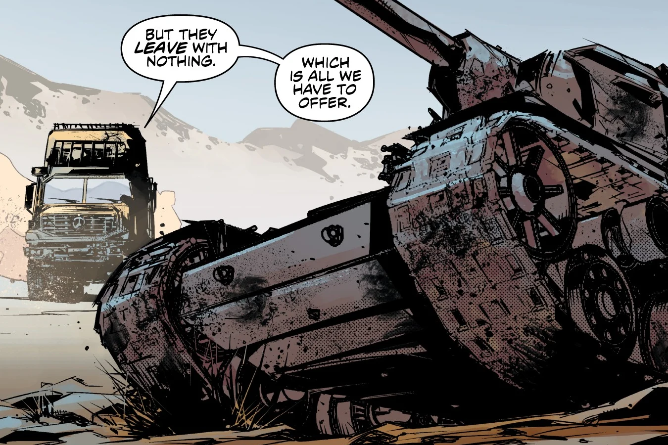 The hunters' truck passes the rusting wreck of an old tank in Afghanistan in Predator: Hunters II