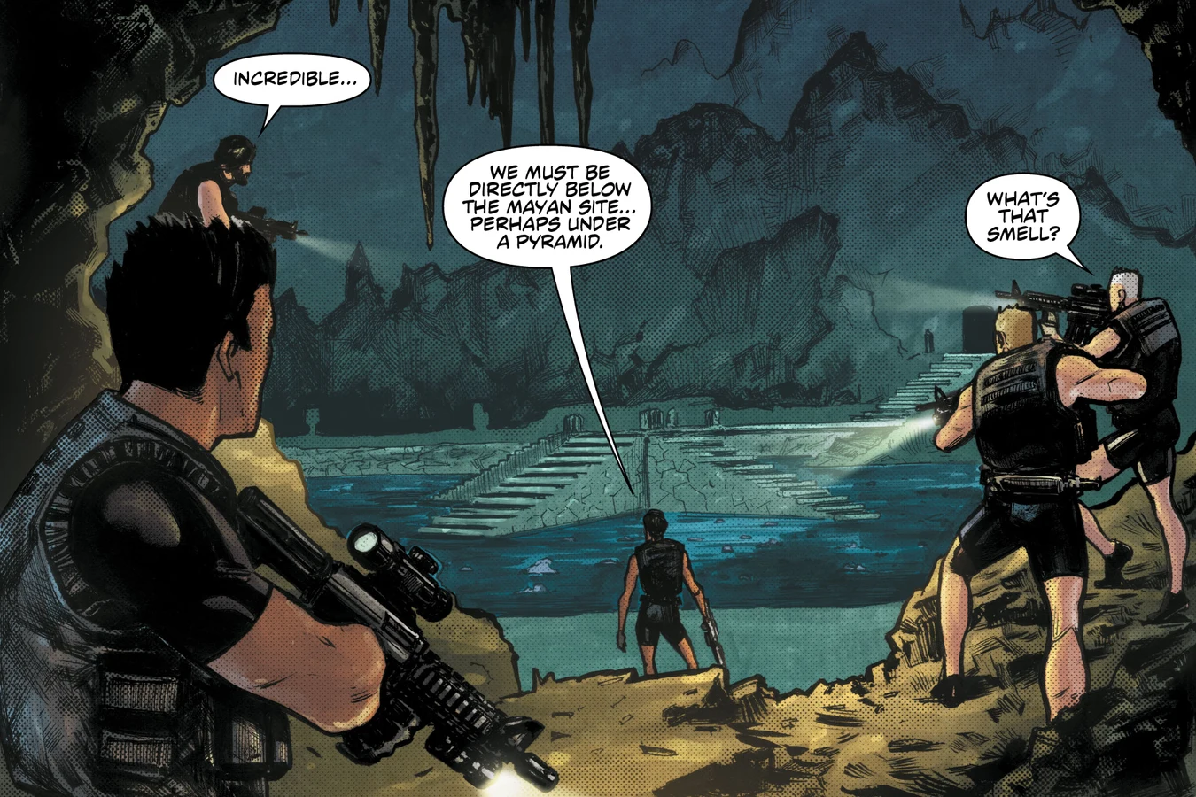 The hunters look out over a pyramid inside a vast underground chamber in Predator: Hunters III