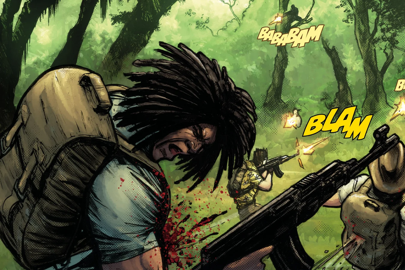 A dreadlocked smuggler is shot down during the cartel ambush on the jungle trail in Predator: Hunters III
