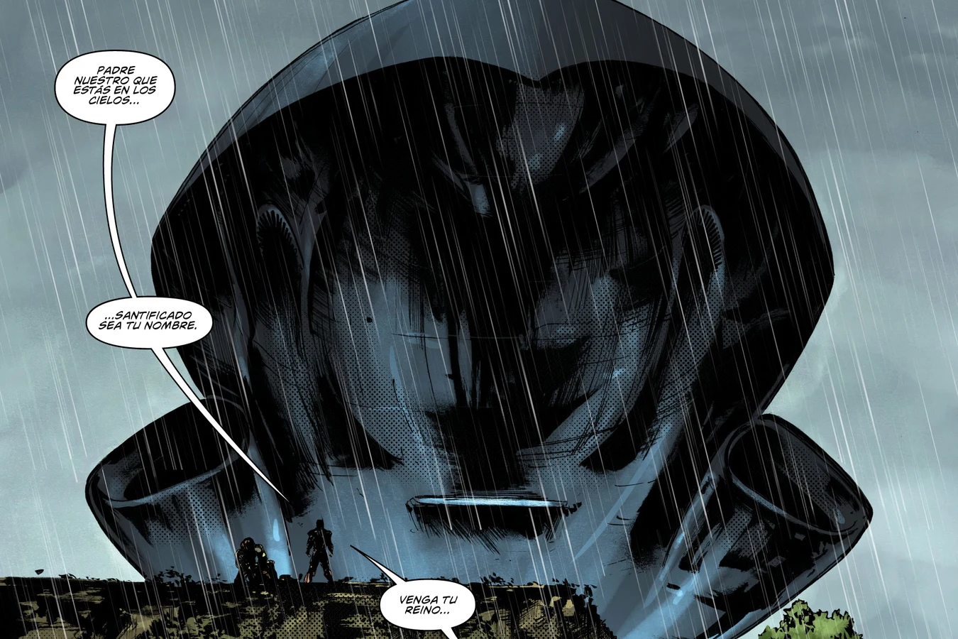 A Predator ship descends over the pyramid as Raphael Herrera prays in Predator: Hunters III