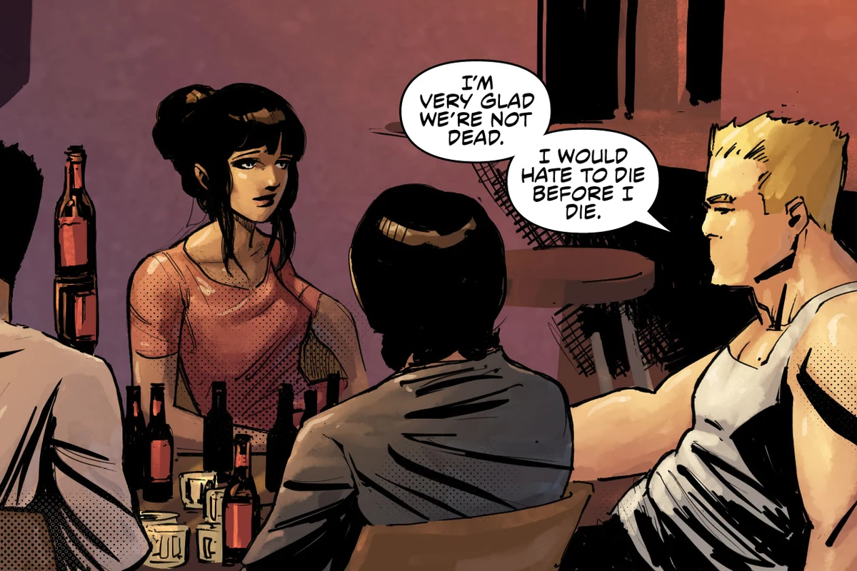 The hunters gather at the bar in Belize for a final drink in Predator: Hunters III
