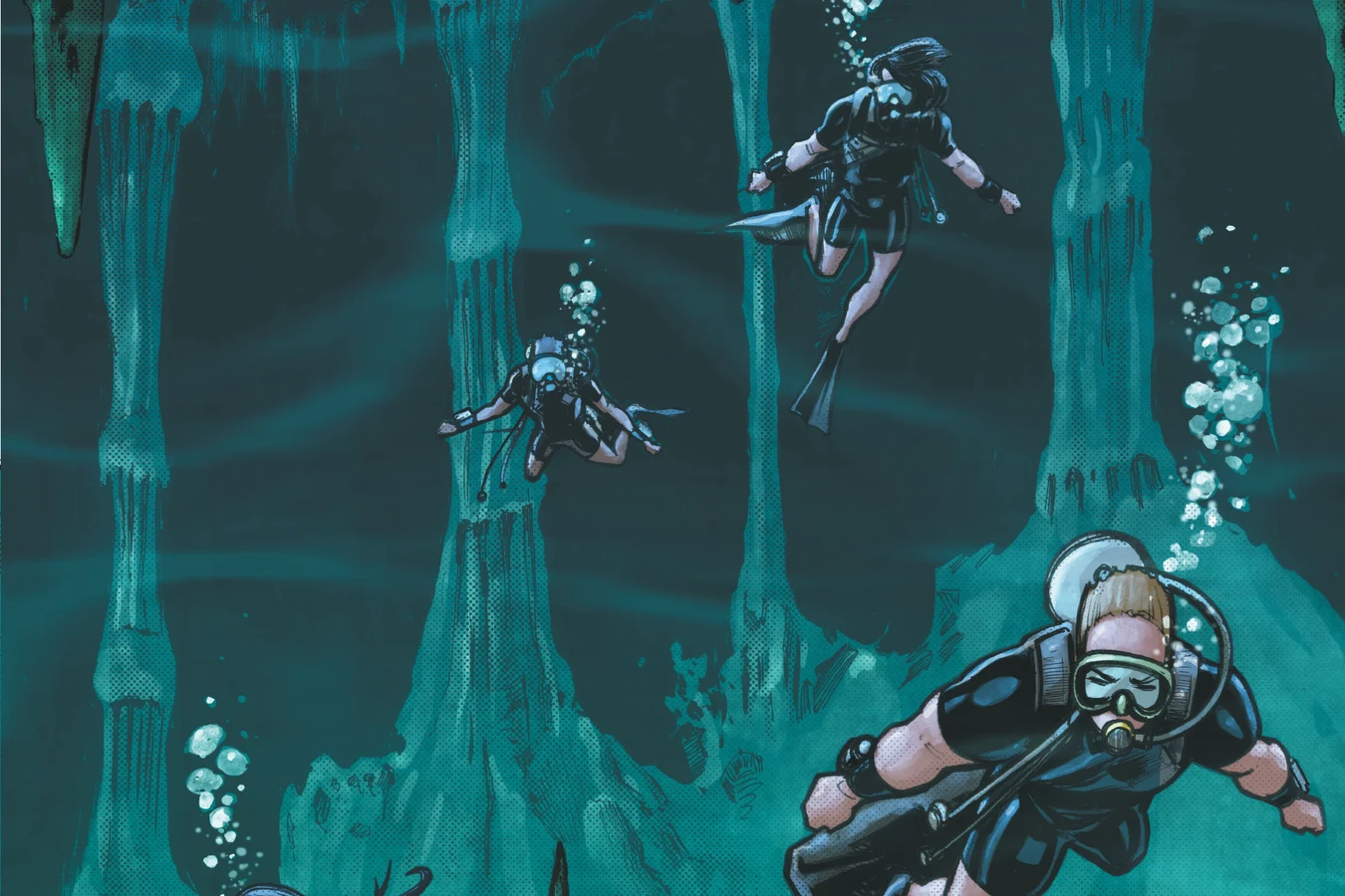 The hunters dive among the stone pillars of a flooded cavern in Predator: Hunters III