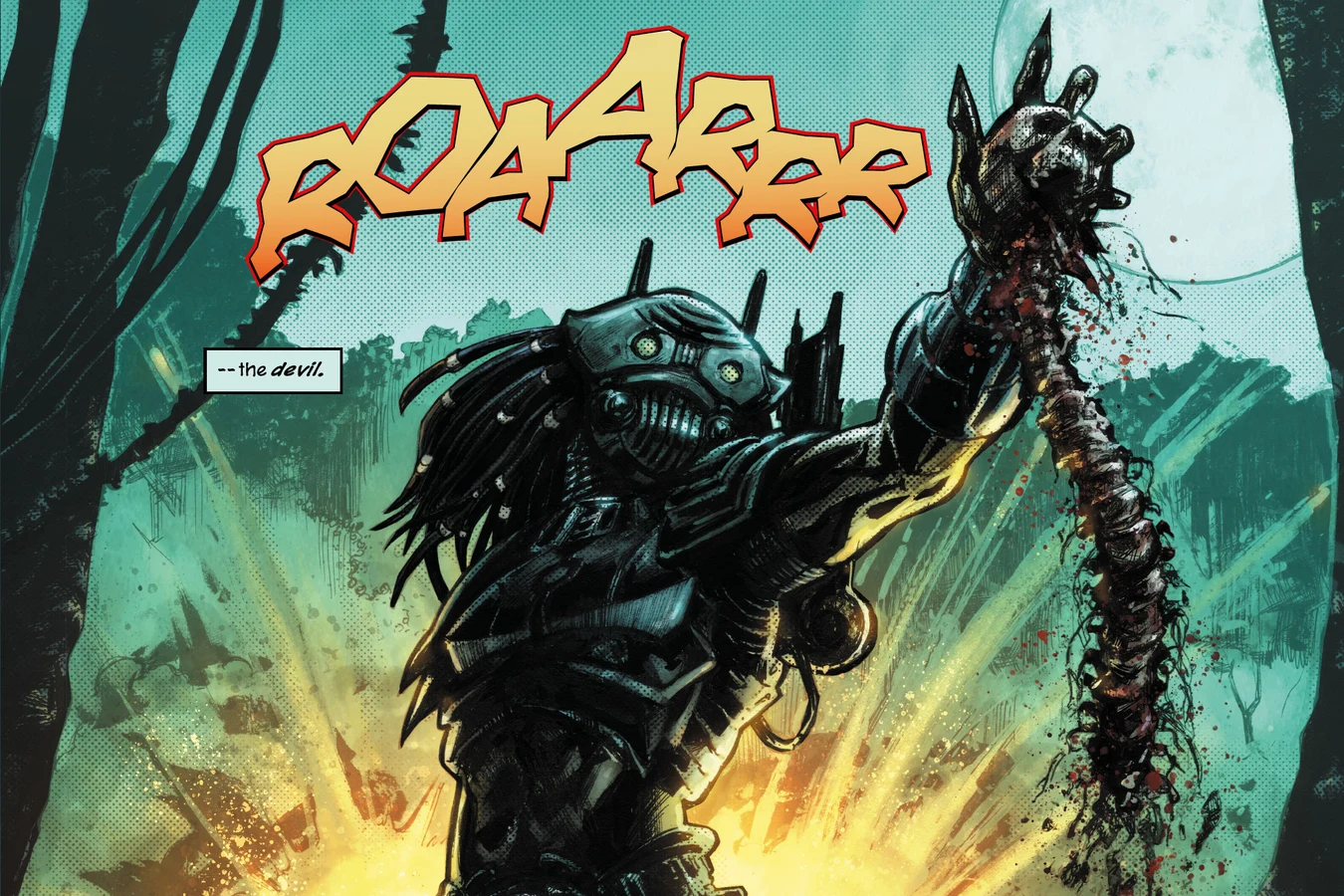An armored Predator roars as it raises a skull and spine in the jungle during Raphael Herrera's memory of the raid on his camp in Predator: Hunters III
