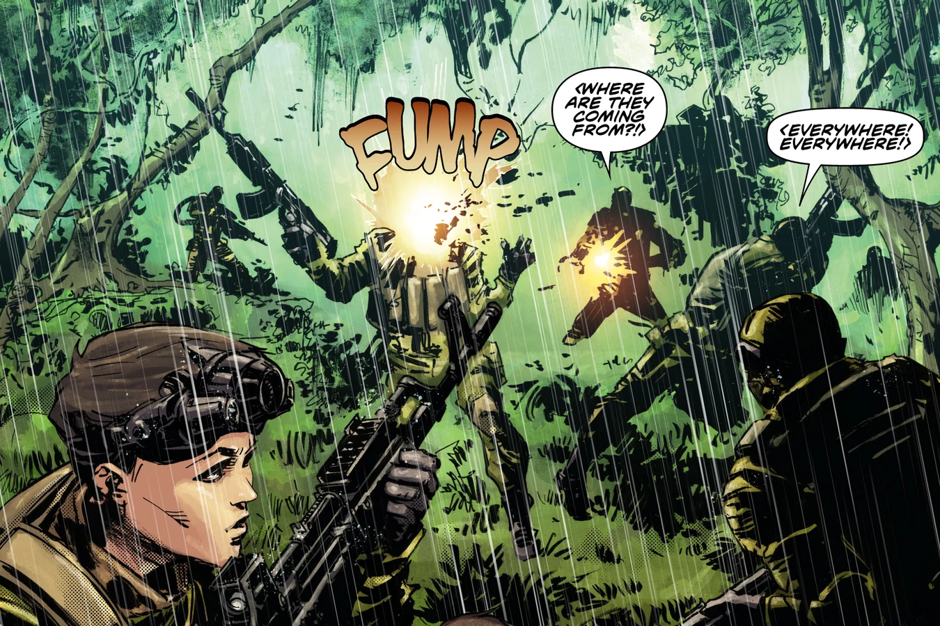 Colonel Valentina Ligachev fires her rifle in the rain in Predator: Hunters III