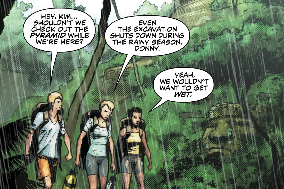 The cave diver Kim leads Donny and Tamara through the rain with their diving gear in Predator: Hunters III