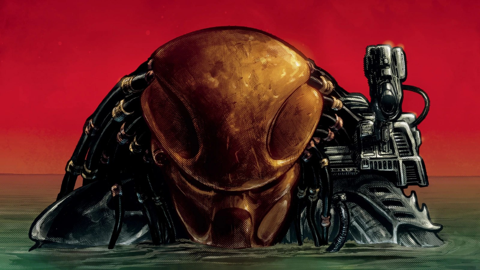 A Predator's masked head and shoulder cannon rise from green water against a red sky in Brian Thies's cover art for Predator: Hunters III #2