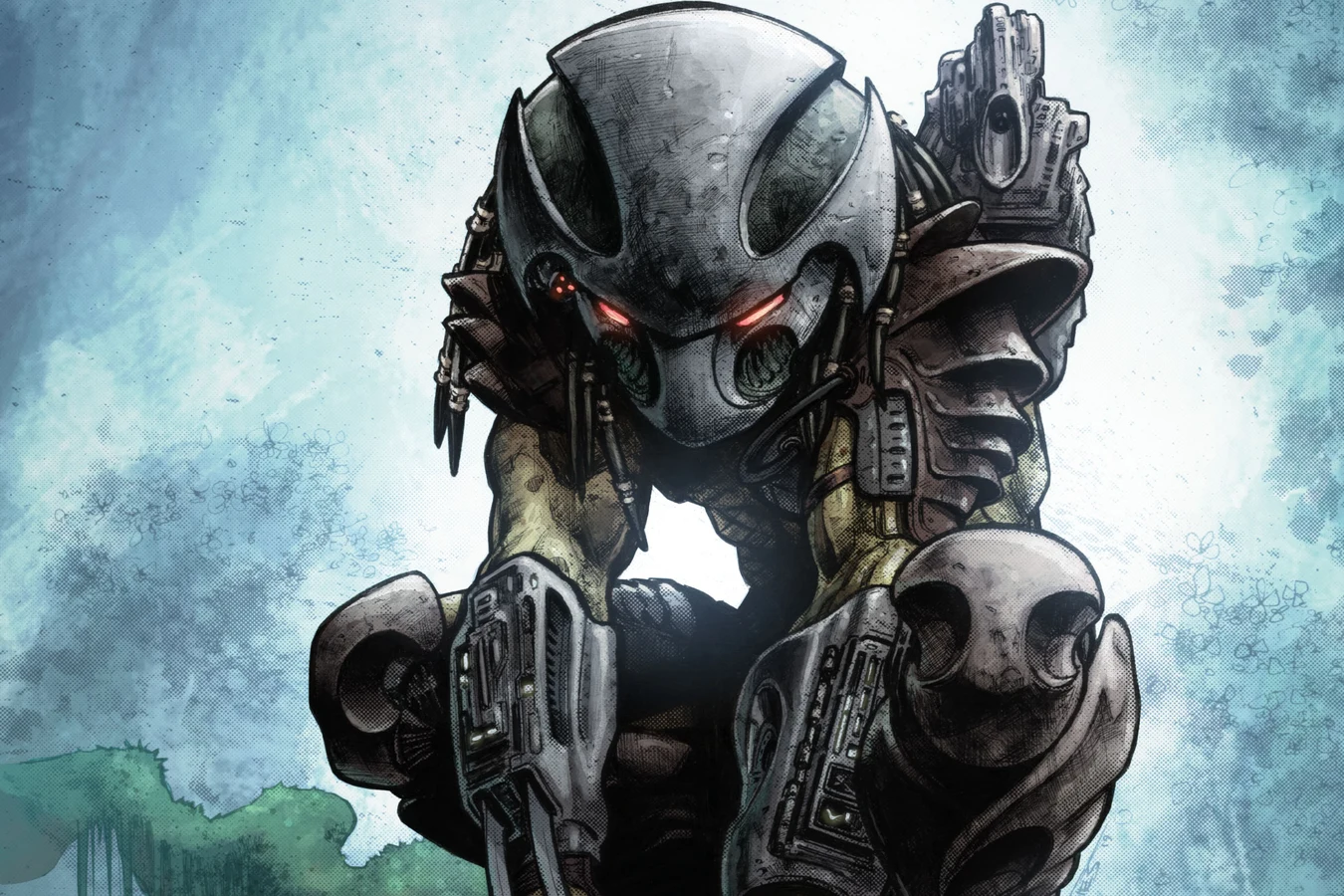 The crouching silver Predator from Brian Thies's art in Predator: Hunters III