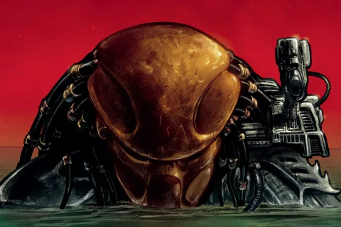 A Predator's masked head and shoulder cannon rise from green water against a red sky in Brian Thies's cover art for Predator: Hunters III #2