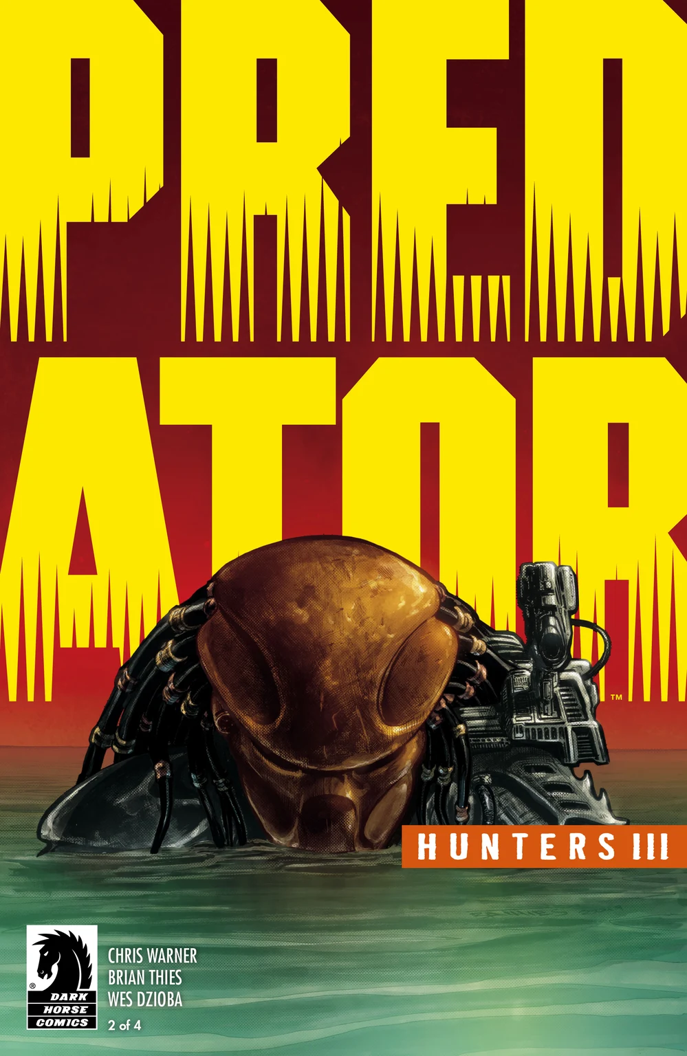Brian Thies's cover for Predator: Hunters III #2, with a Predator rising from green water against a red sky beneath the yellow Predator logo