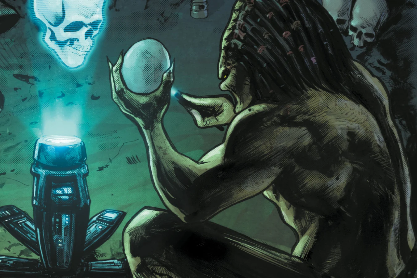 An unmasked Predator holds a human skull beside a glowing hologram among its trophies in Predator: Hunters III