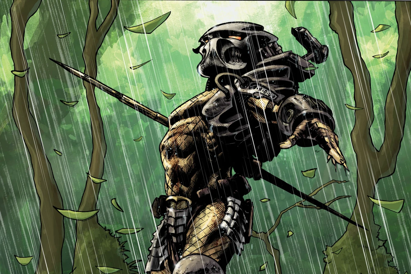 A Predator hurls its spear through the rain in Predator: Hunters III