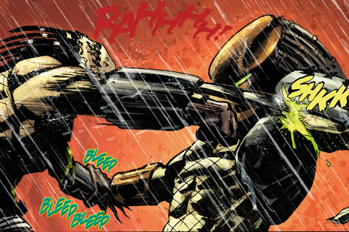 The brown Predator stabs the wounded silver Predator on the summit of the pyramid in Predator: Hunters III