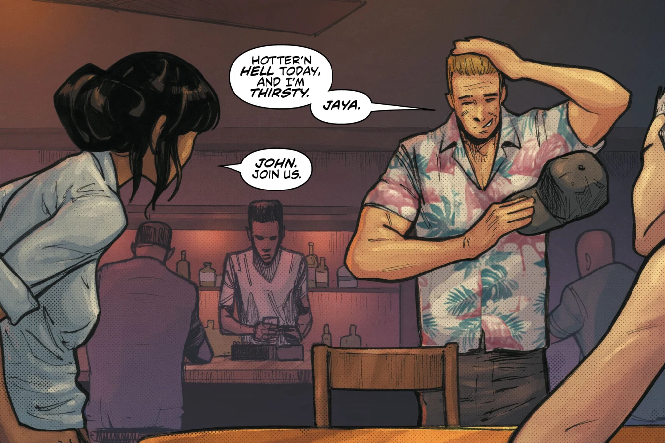 John Schaefer in a Hawaiian shirt arrives at the bar in Belize in Predator: Hunters III