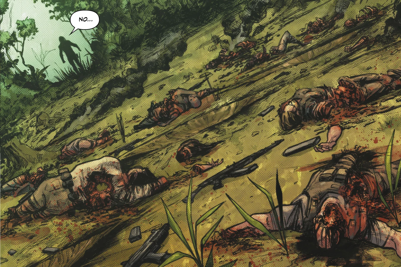 A lone survivor stands over the slaughtered cartel search party in Predator: Hunters III