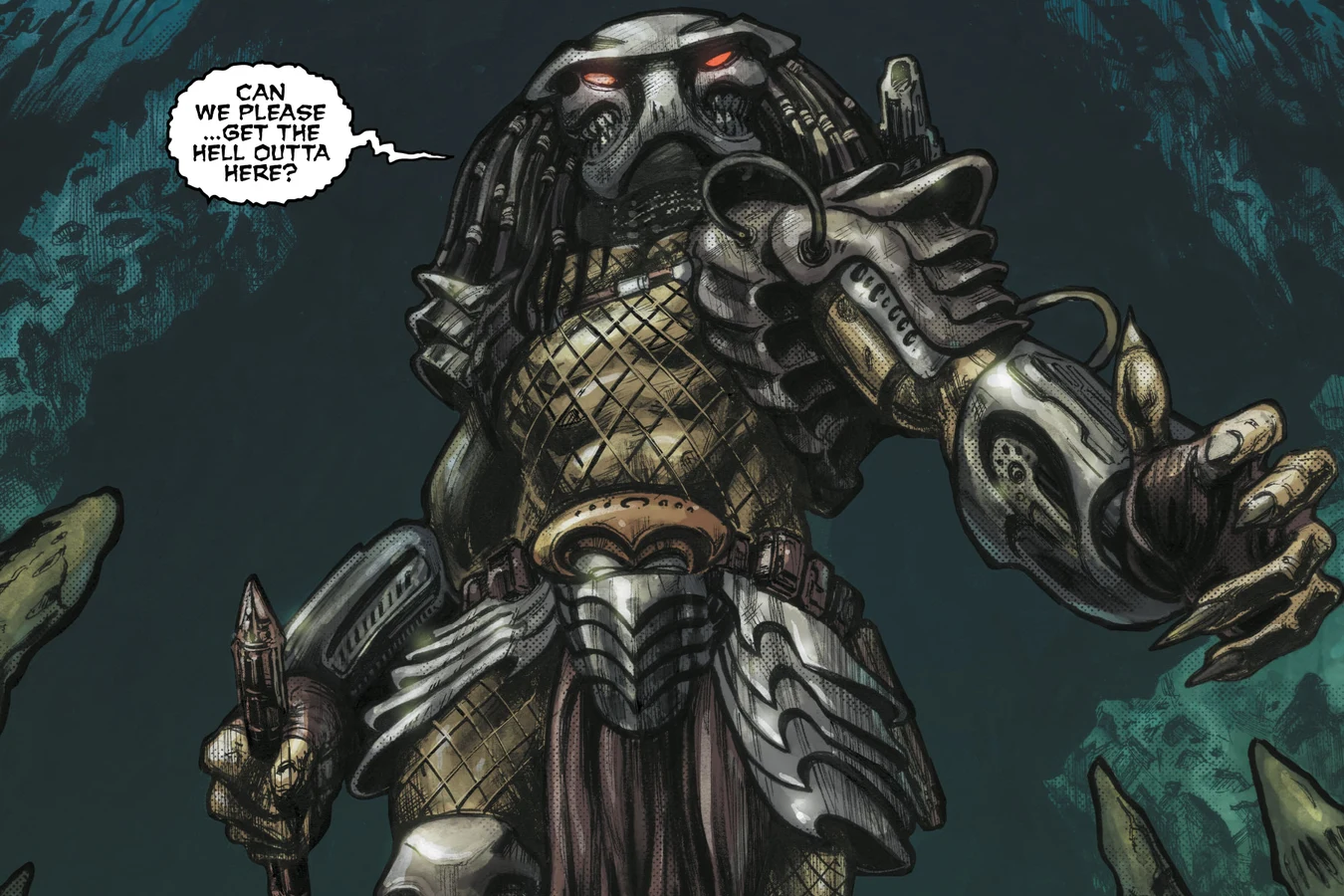 A silver-masked Predator stands among the stalagmites as the divers beg to leave the cave in Predator: Hunters III