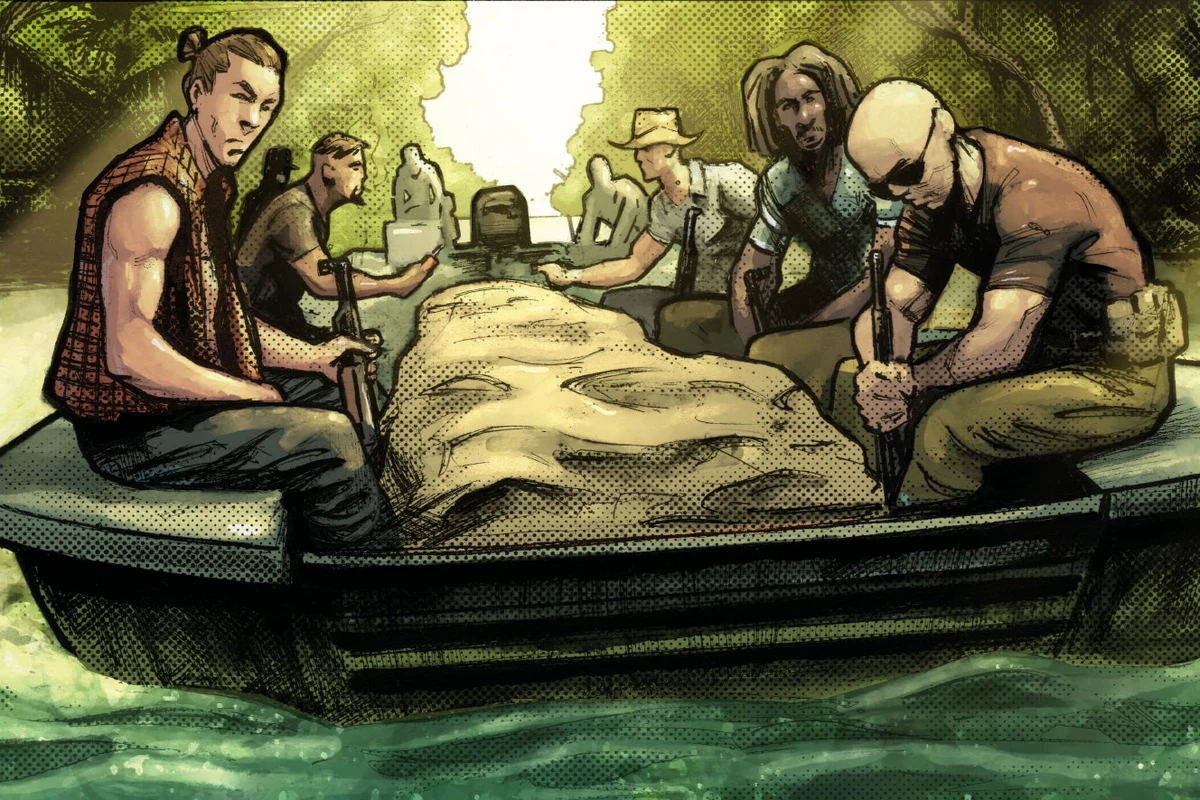 Drug smugglers steer a boat loaded with cargo along a jungle river in Belize in Predator: Hunters III