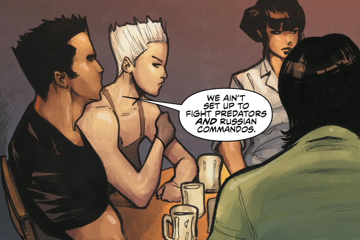 Enoch Nakai, Mandy Graves and Jaya Soames talk with Raphael Herrera at a bar table in Predator: Hunters III