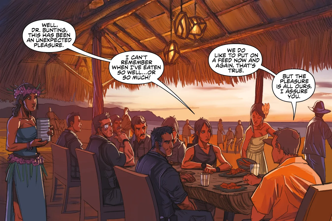 Dr. Bunting hosts Soames and her team at a beachside feast on Amelia Island in Predator: Hunters