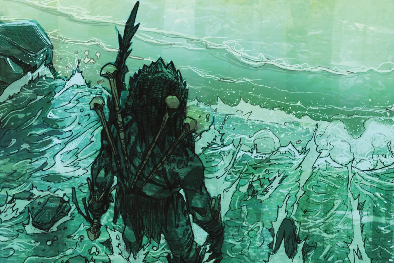 An Exile wades through a waterfall pool after a fallen castaway on Kehua in Predator: Hunters
