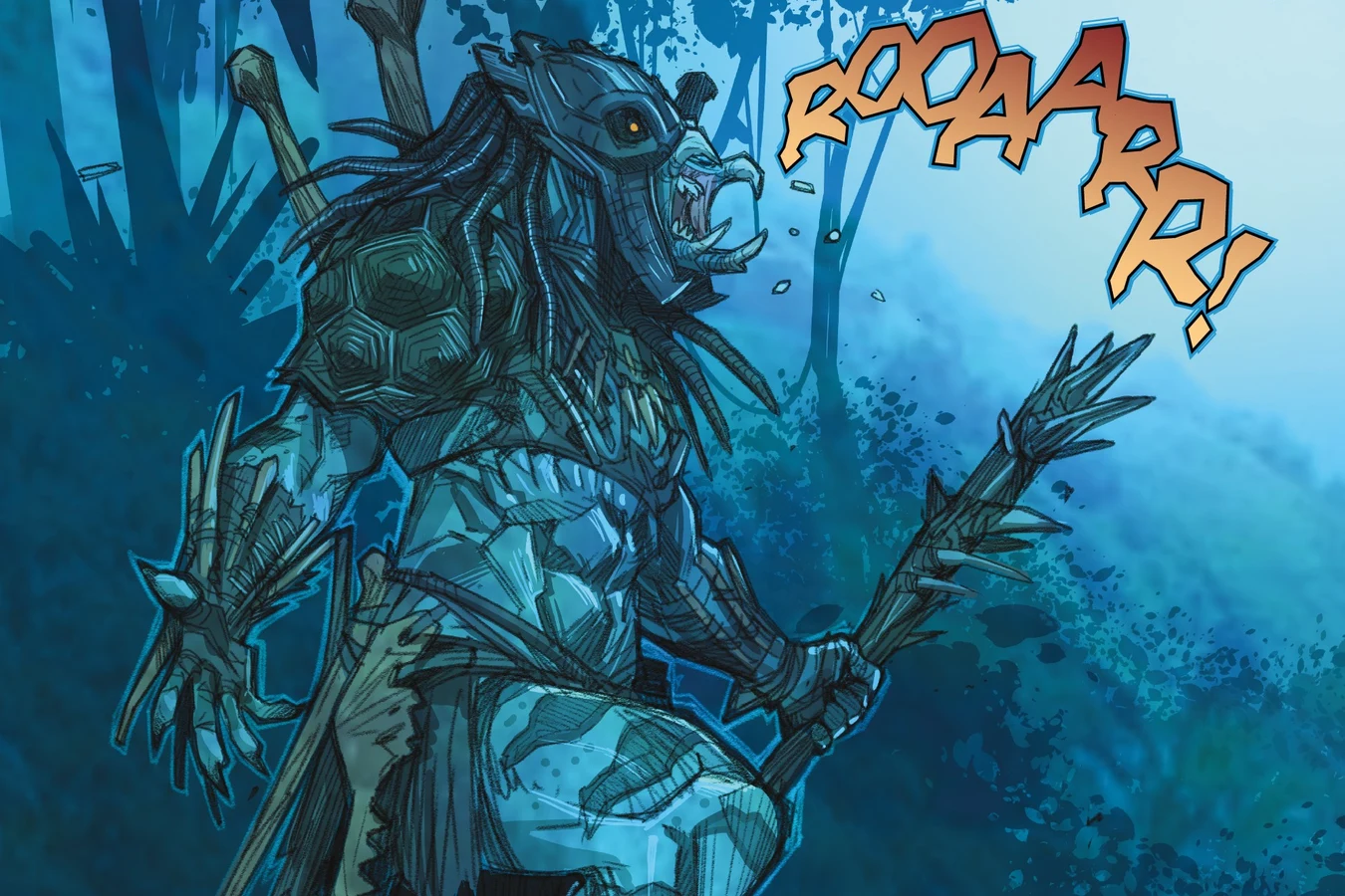 An Exile with a spear and a bone club roars at the Durga's drones from a ledge on Kehua in Predator: Hunters