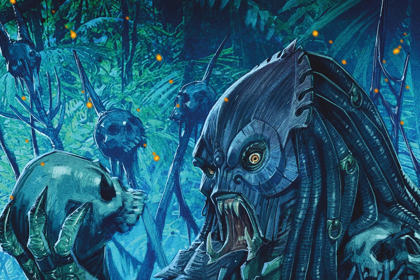 An Exile clutches a human skull among skull-topped stakes on Francisco Ruiz Velasco's variant cover for Predator: Hunters