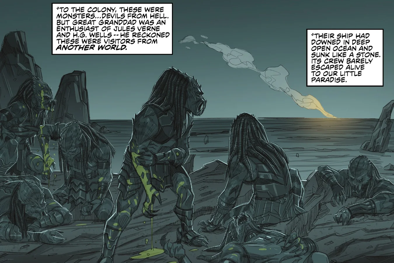 Exiles walk up a beach on Amelia Island after their ship crashed into the ocean in Predator: Hunters