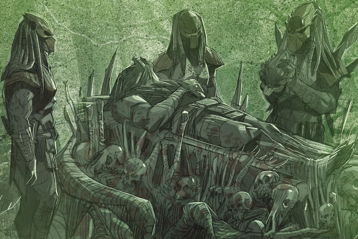 Three Exiles mourn their dead companion on a bier of skulls on Kehua in Predator: Hunters