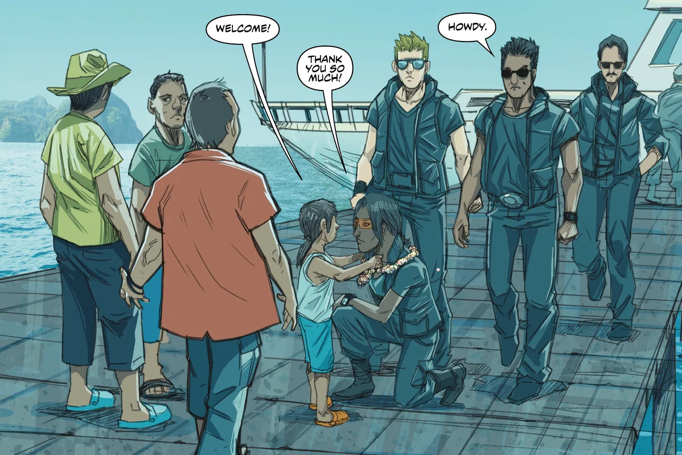Swain, Nakai and Herrera walk up the Amelia Island dock as Soames kneels to greet a local child in Predator: Hunters