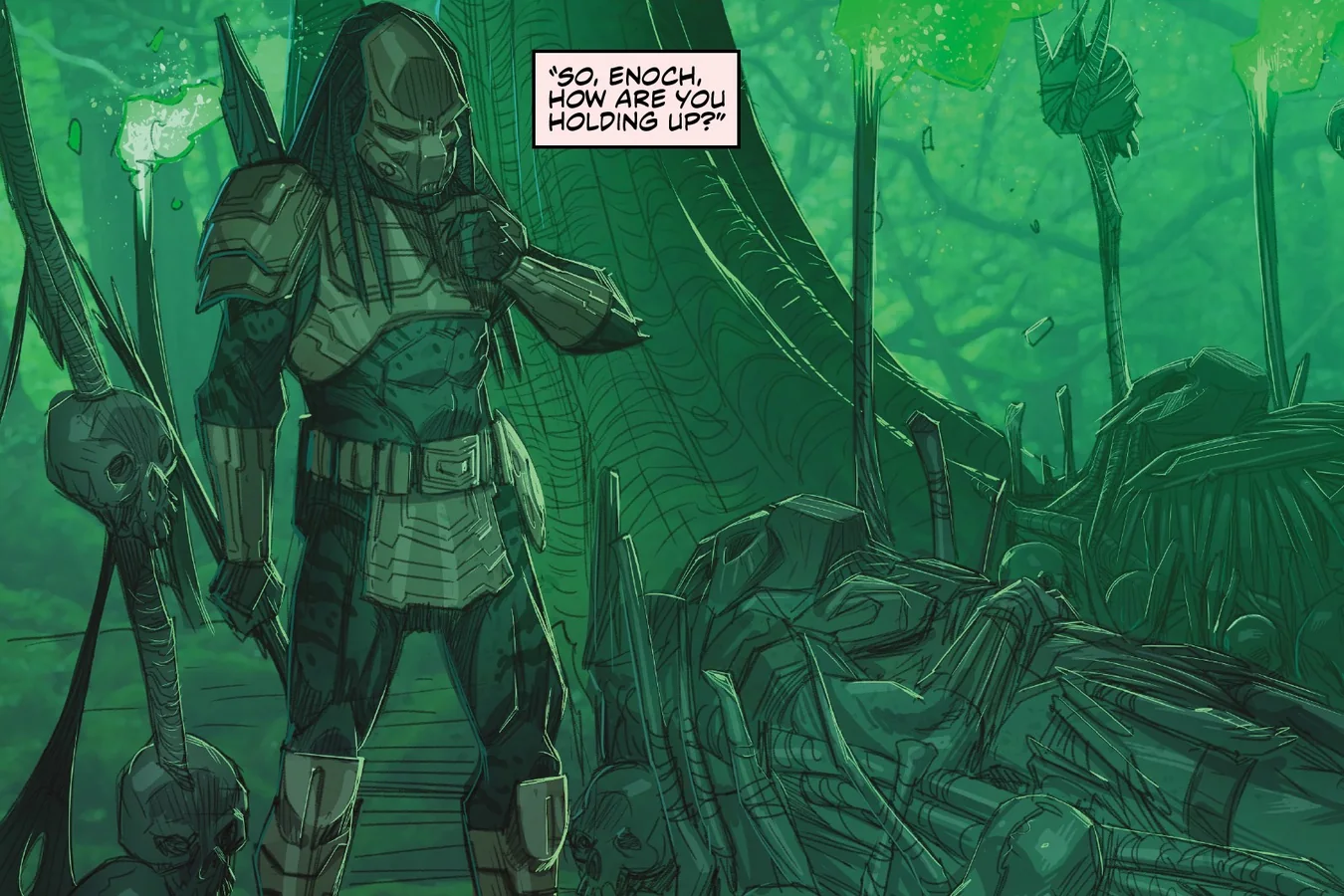 The last Exile stands in Yautja armor at its skull shrine on Kehua in Predator: Hunters