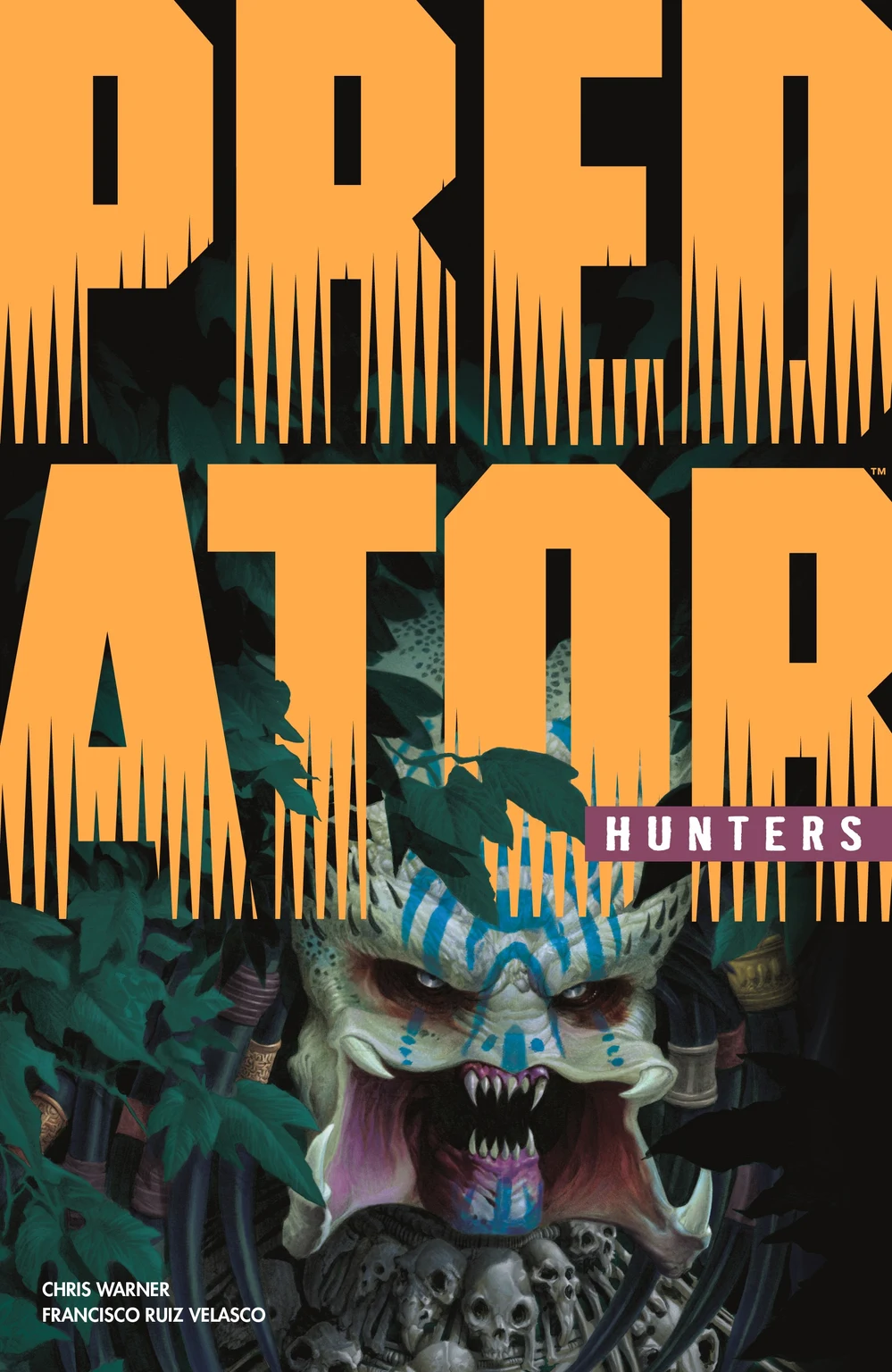 Doug Wheatley's cover for the Predator: Hunters collection, with a painted Predator snarling through jungle leaves above a pile of skulls