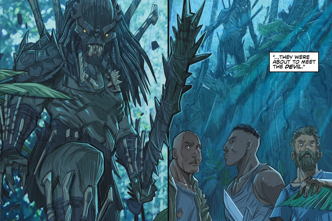 A Predator in a wooden mask looms behind three shipwrecked fishermen on Kehua in Predator: Hunters