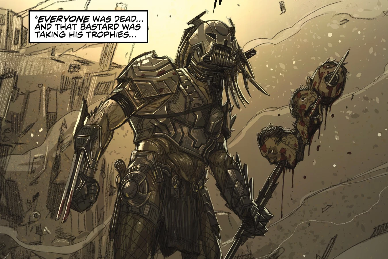 A Predator carries a staff hung with severed heads after the convoy ambush in Afghanistan in Predator: Hunters