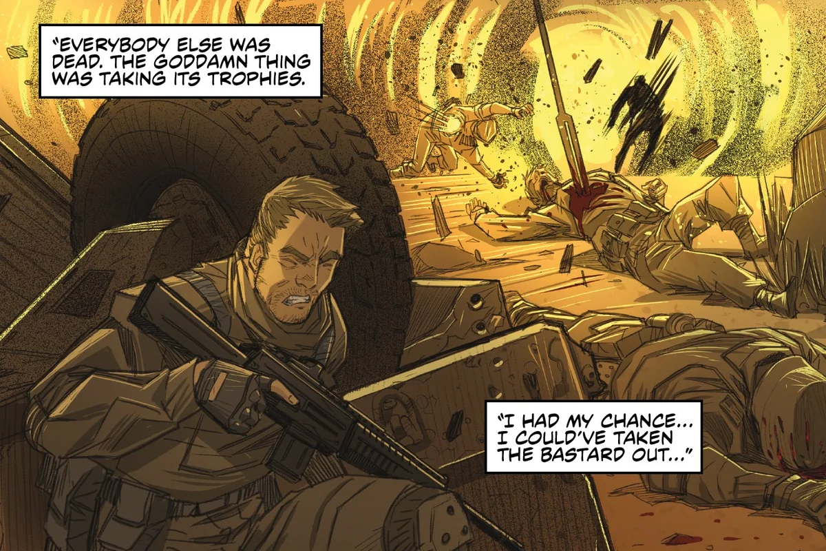 Tyler Swain hides behind a truck wheel as a Predator kills his convoy in Afghanistan in Predator: Hunters