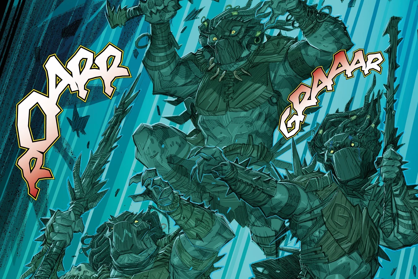 Three Exiles leap down from the trees with spears and clubs hung with skulls in Predator: Hunters