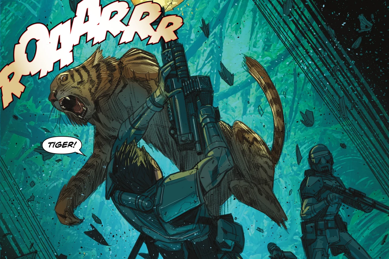 A tiger leaps out of the Kehua jungle at an armored member of the strike team in Predator: Hunters