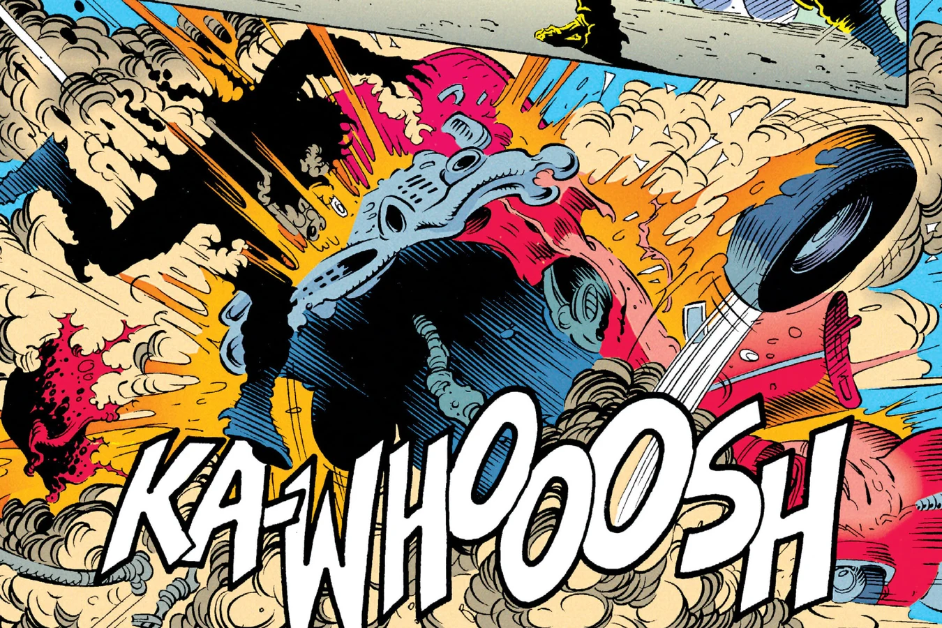 The pink Cadillac blown apart in a fiery KA-WHOOOSH explosion at the Atomic Drive-In