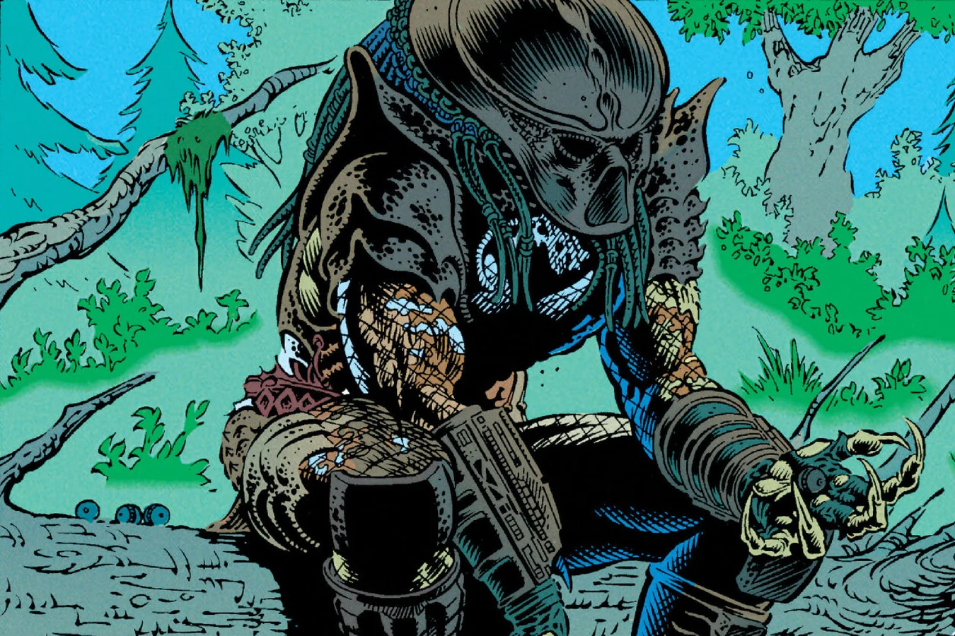 A Predator crouching by a fallen log as it checks its wrist gear in the woods, from Predator: Invaders from the Fourth Dimension