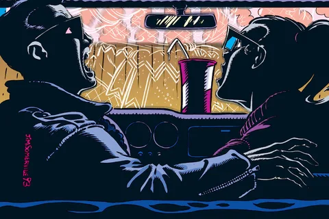 Jim Somerville's art of two moviegoers in 3-D glasses at a drive-in, from Predator: Invaders from the Fourth Dimension
