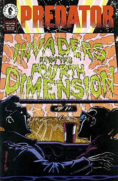 Jim Somerville's cover for Predator: Invaders from the Fourth Dimension (July 1994), with two moviegoers in 3-D glasses watching the title on a drive-in screen