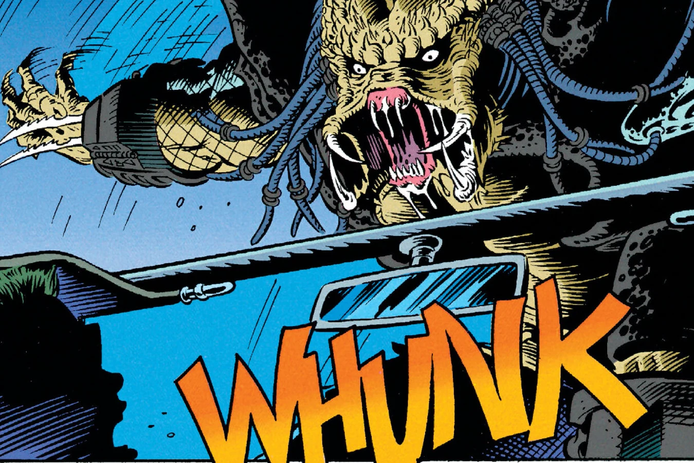 The unmasked Predator clawing at the windshield of the Cadillac with its mandibles spread