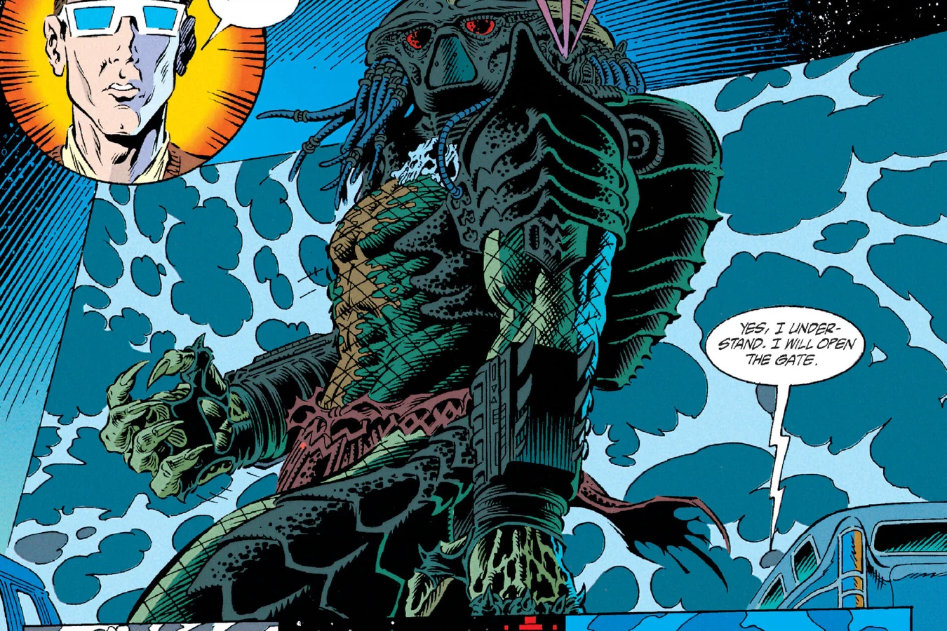 The Predator towering over the drive-in with three red targeting lasers, beside an inset of a moviegoer in 3-D glasses and speech balloons