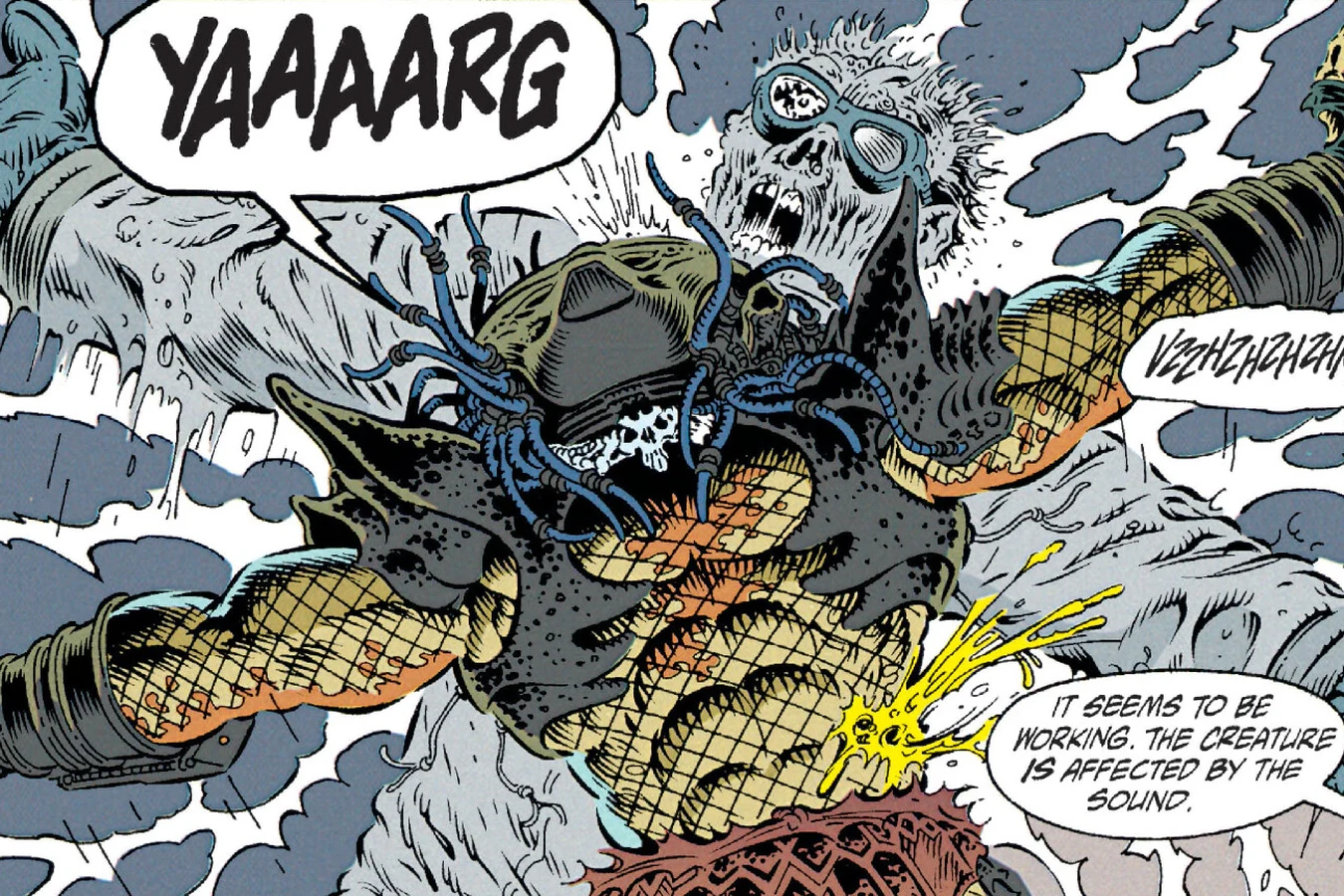 The Predator writhing and screaming YAAAARG in a storm of static as a caption says the creature is affected by the sound