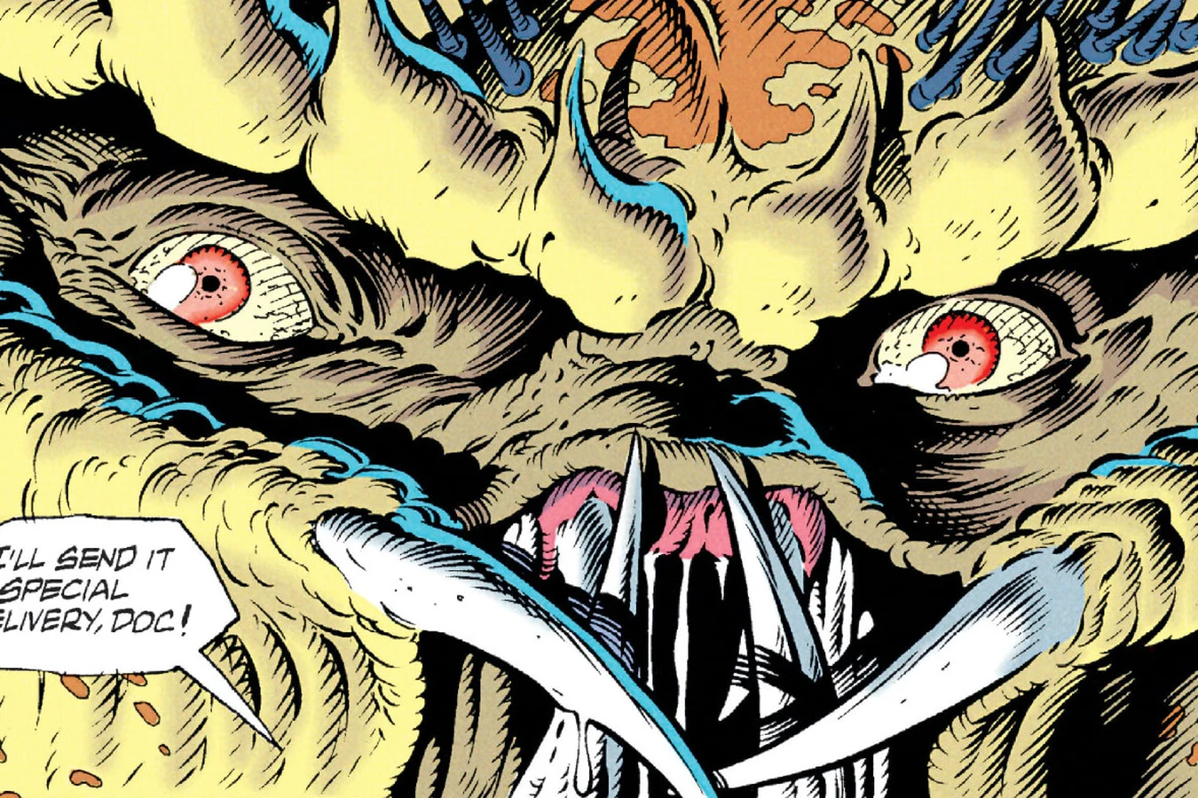 A close-up of the unmasked Predator's red eyes and mandibles