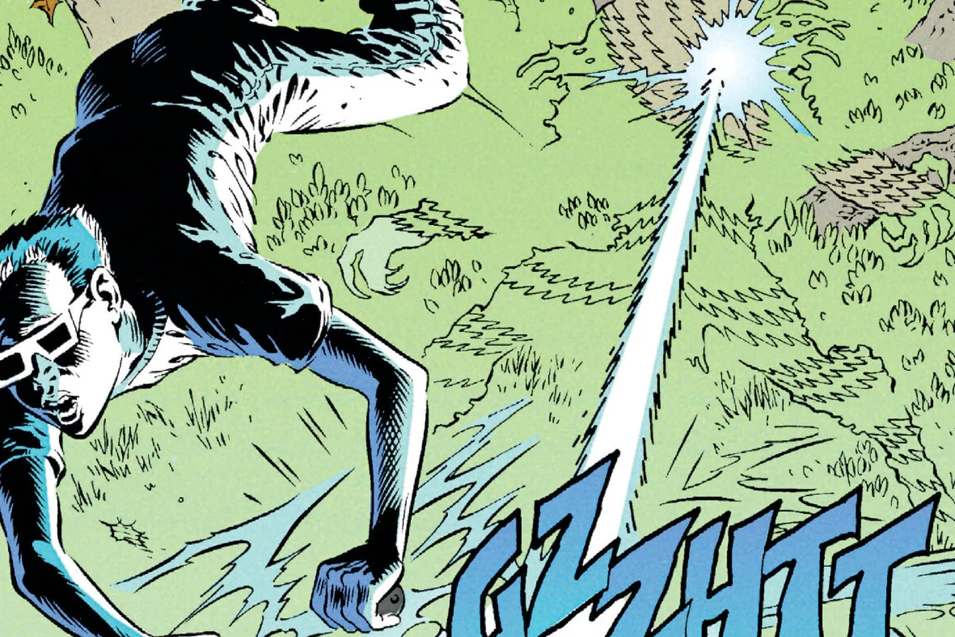 Tommy Anderson in 4-D glasses diving across the grass as a plasma bolt from the Predator streaks past him with a GZZHTT sound effect